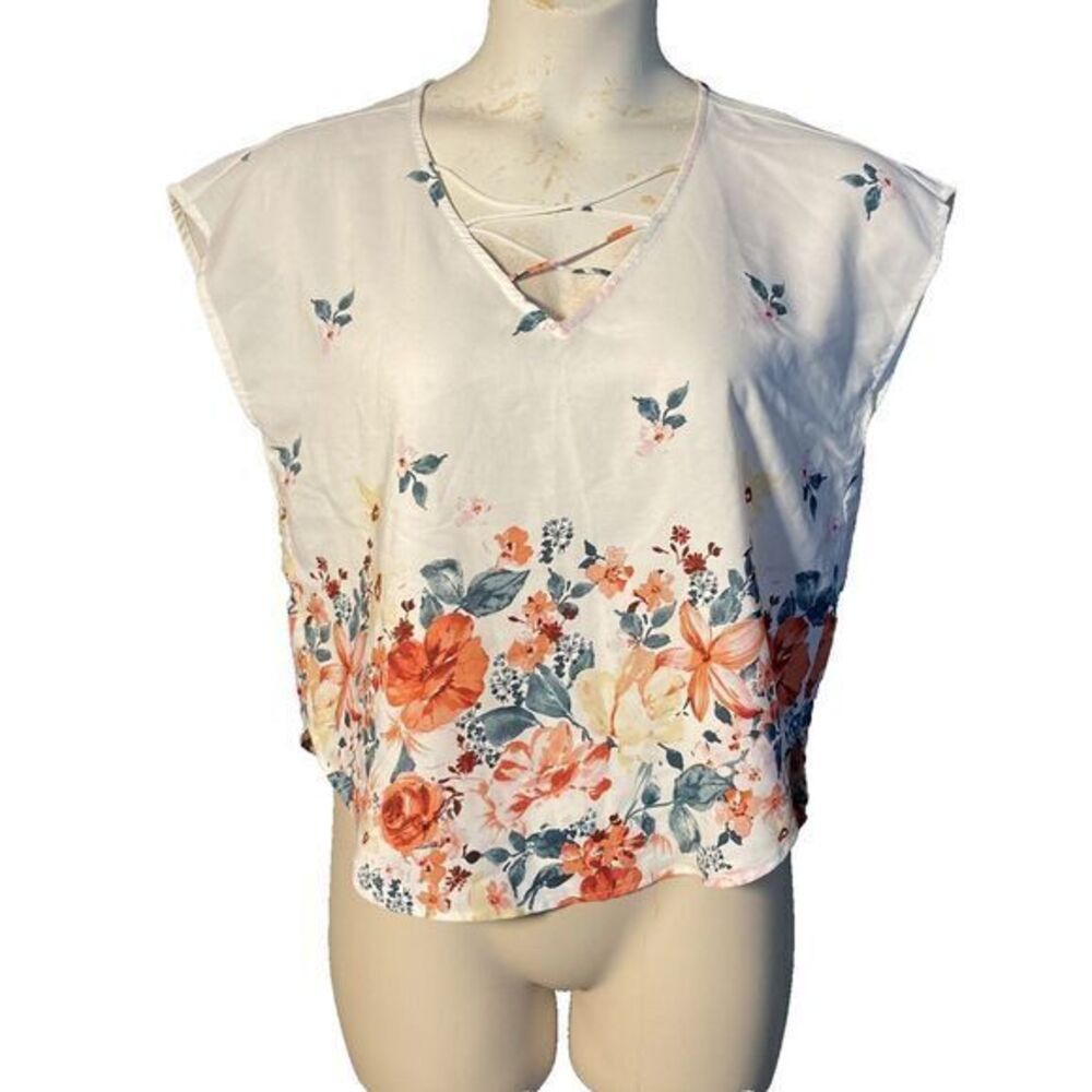 Sweet Rain Women Junior Small Sheer Pink Floral Crisscrossed V Neck Sleeveless